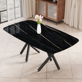 Large modern minimalist rectangular dining table with 0.39 "imitation marble black tabletop and black metal legs, suitable for kitchen, dining room