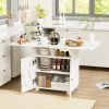 47" Wood Folding Dining Table with storage rack and cabinet, Removable Entryway Table with 6 Wheels, White Marble Color Kitchen Island