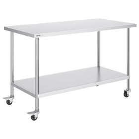 VEVOR Stainless Steel Work Table 30 x 60 x 38 Inch, with 4 Wheels, 3 Adjustable Height Levels