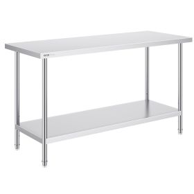 VEVOR Stainless Steel Prep Table, 24 x 60 x 34 Inch, Heavy Duty Metal Worktable with 3 Adjustable Height Levels