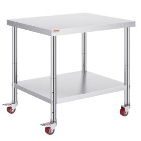 VEVOR 30x36x34 Inch Stainless Steel Work Table 3-Stage Adjustable Shelf with 4 Wheels Heavy Duty Commercial Food Prep Worktable with Brake for Kitchen