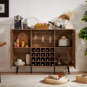 Oak Color Faux Rattan Barn Door Wine Cabinet with Wine Rack and Wine Glass Rack, Double Door Design with Removable Shelves