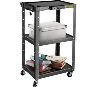 VEVOR Steel AV Cart, 24-42" Height Adjustable Media Cart with Electric Power Cord, 24 x 32" Presentation Cart with 3 shelves