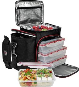 Meal Prep Lunch Box 3 piece set Insulated Lunch Box For Women Men 3 Bento Style Containers Inside Large Black Lunch Bag BPA Free Microwave Dishwasher