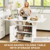 47" Wood Folding Dining Table with storage rack and cabinet, Removable Entryway Table with 6 Wheels, White Marble Color Kitchen Island