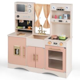 Kids Kitchen Playset with Microwave and Coffee Maker for Ages 3+ (Color: Pink)