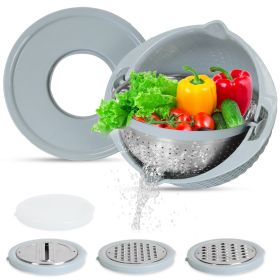 Multifunctional Mixing Bowl with Lid Set 3 Replaceable Graters Food Strainer and Colander Fruit Vegetable Washing Basket Stainless Steel (Color: Blue)