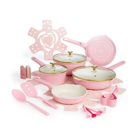 24 Piece Clean Ceramic Nonstick Cast Aluminum Cookware Set (Color: Pink)