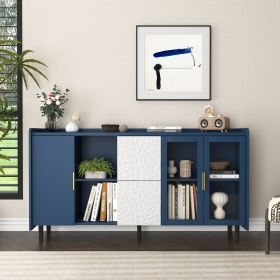 Modern Kitchen Pantry Storage Cabinet , 55" Coffee Bar Storage Cabinet with 2 Drawers, 2 Open Storage Compartment & 2 Glass Doors (Material: MDF, Color: Blue)