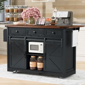 53.7" Farmhouse Kitchen Island with Power Outlet, 2 Sliding Barn Door Kitchen Storage Island with Drop Leaf, Spice Rack Rolling Kitchen Cart on Wheels (Material: Particle Board+MDF, Color: Black)