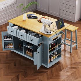 53 inch Large Kitchen Island with Drop Leaf,Power Outlet,Door Internal Storage Rack (Material: MDF, Color: Grey-Blue)