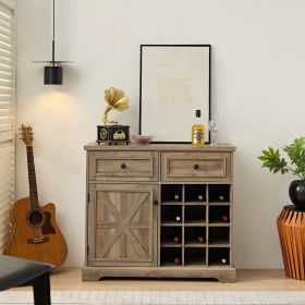 Farmhouse Buffet Cabinet with Storage Sideboard with 2 Drawers, Wine Bar Cabinet with Removable Wine Racks Storage Shelves (Material: MDF, Color: Gray Wash)