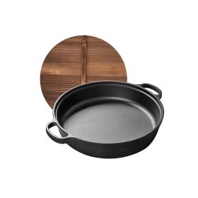 Uncoated Frying Pan with Dual Handles and Wooden Lid(AMZ Shipping) (Pan Diameter: 13inch, Color: Black)