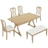 Retro 6-Piece Trestle Dining Table Set with Upholstered Dining Chairs and Dining Bench, Smooth Dining Backs for Dining Room, Living Room, Kitchen